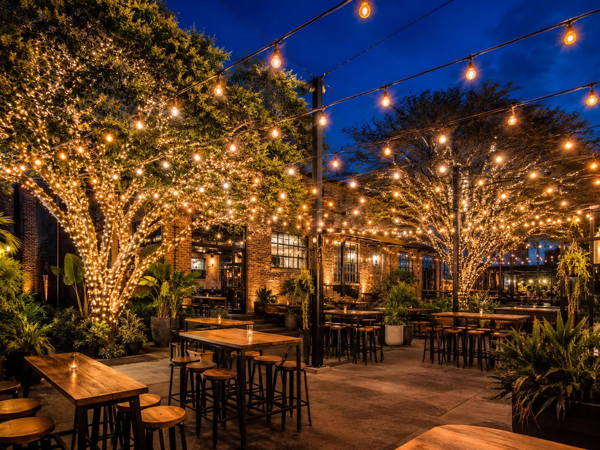 Festoon string lights hung in a catenary grid over an alfresco beer garden at night