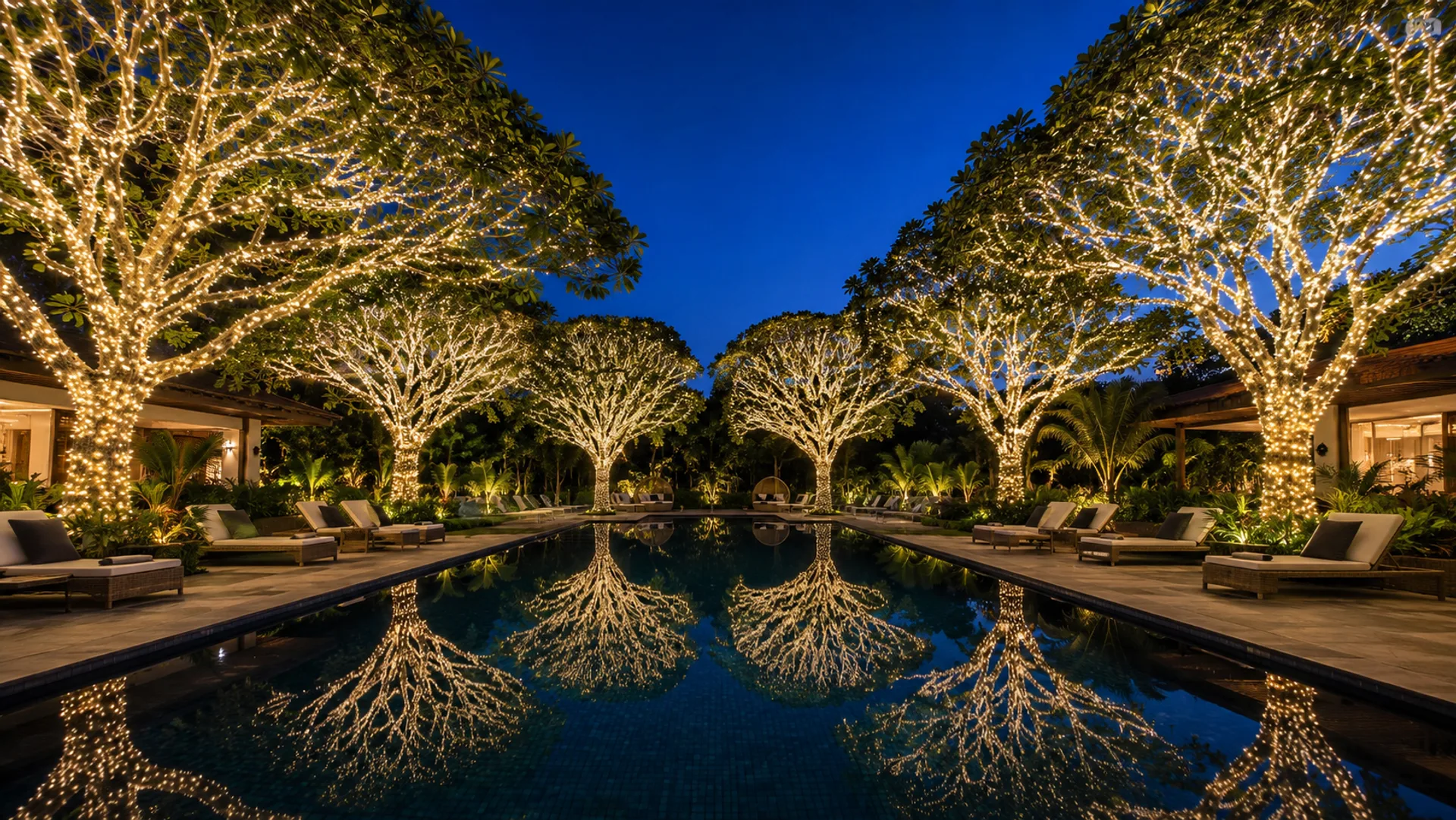 Fairy lights wrapped through mature fig trees surrounding a luxury resort pool deck at night